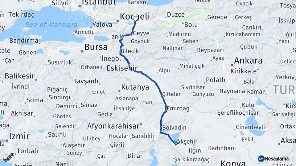 Konya Akşehir Sakarya Arası Kaç Km - Yol Haritası