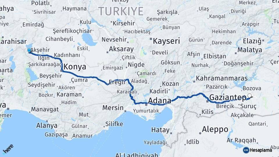 Konya Akşehir Şanlıurfa Arası Kaç Km - Yol Haritası