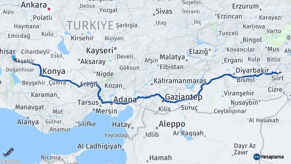 Konya Akşehir Siirt Arası Kaç Km - Yol Haritası