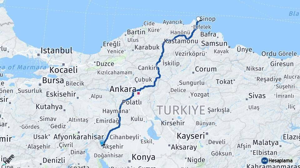 Konya Akşehir Sinop Arası Kaç Km - Yol Haritası