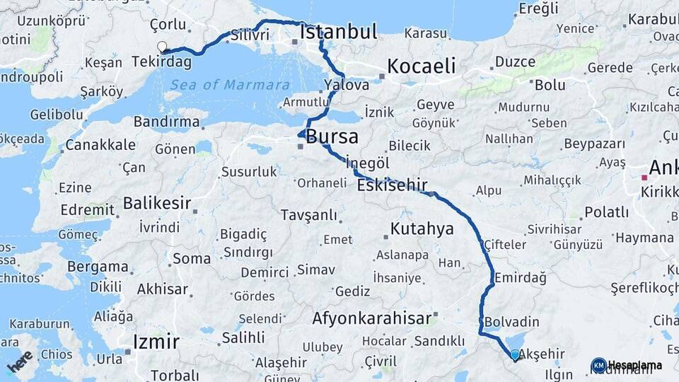 Konya Akşehir Tekirdağ Arası Kaç Km - Yol Haritası