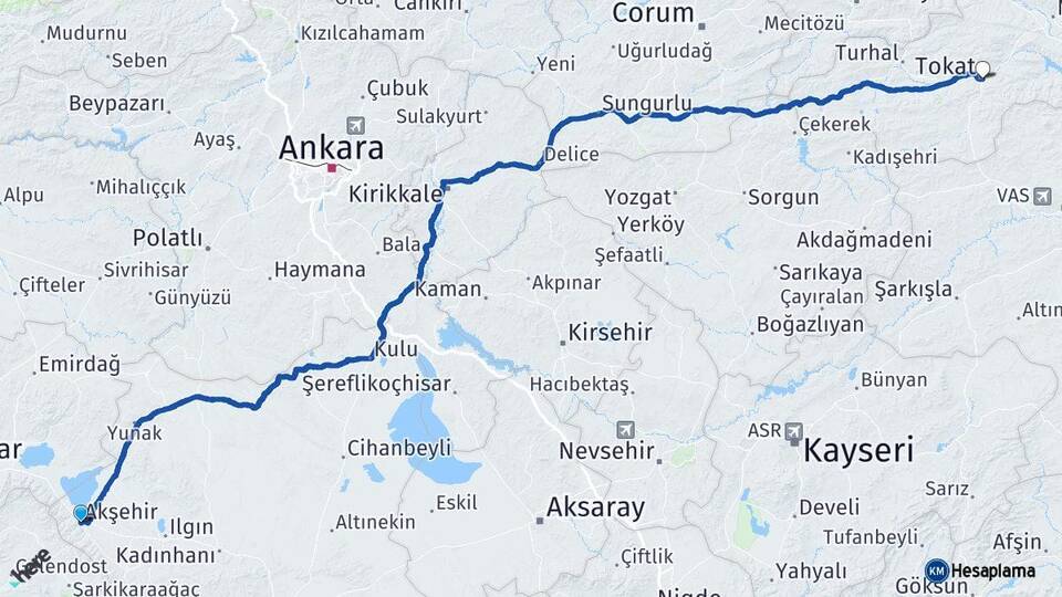 Konya Akşehir Tokat Arası Kaç Km - Yol Haritası