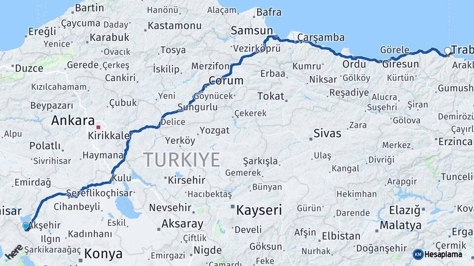 Konya Akşehir Trabzon Arası Kaç Km - Yol Haritası