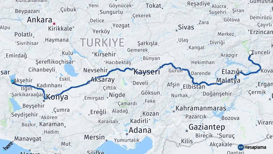 Konya Akşehir Tunceli Arası Kaç Km - Yol Haritası