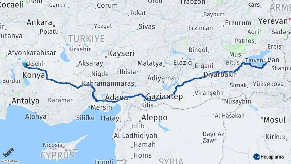 Konya Akşehir Van Arası Kaç Km - Yol Haritası
