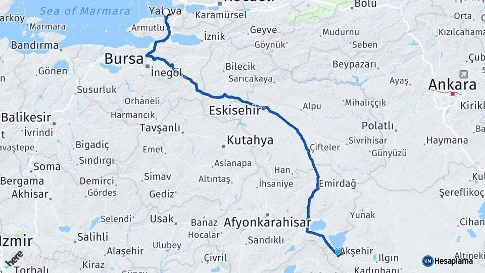 Konya Akşehir Yalova Arası Kaç Km - Yol Haritası