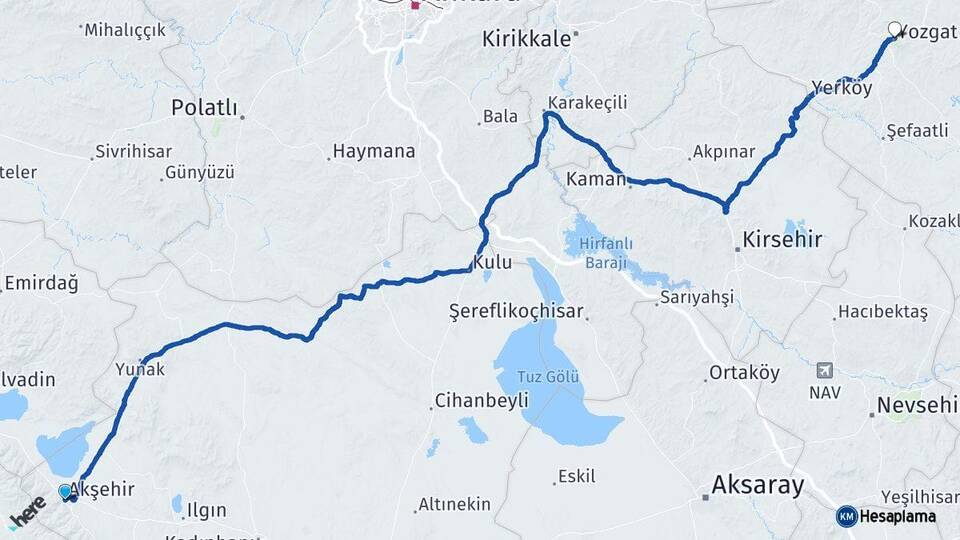 Konya Akşehir Yozgat Arası Kaç Km - Yol Haritası