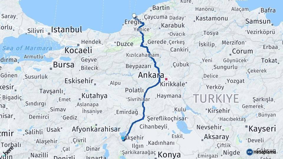 Konya Akşehir Zonguldak Arası Kaç Km - Yol Haritası