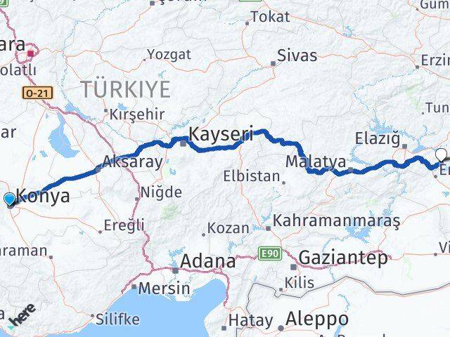 Konya Alacakaya Elazığ Arası Kaç Km - Yol Haritası