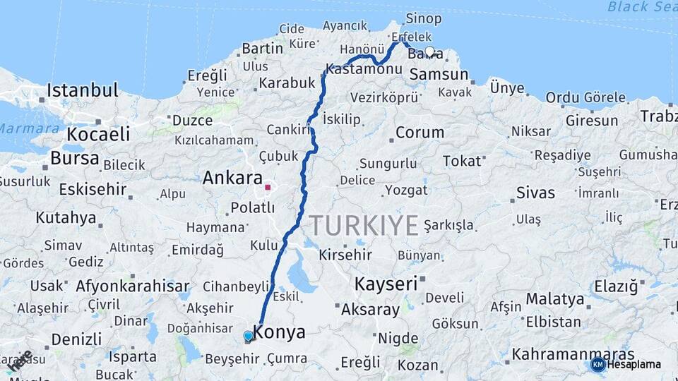 Konya Alaçam Samsun Arası Kaç Km - Yol Haritası
