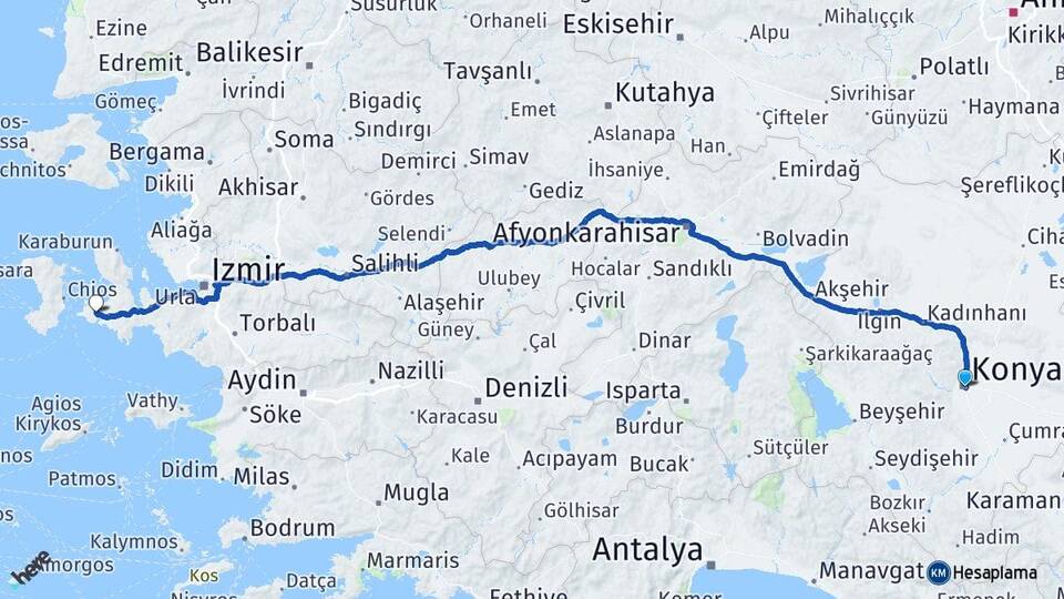 Konya Alaçatı Çeşme İzmir Arası Kaç Km - Yol Haritası