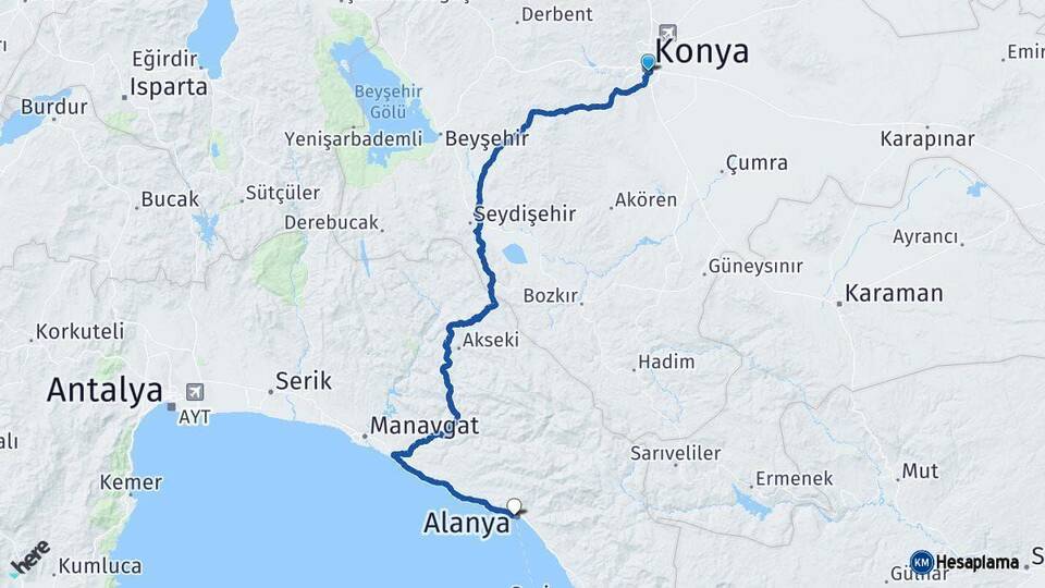 Konya Alanya Antalya Arası Kaç Km - Yol Haritası