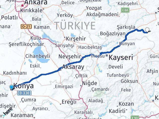 Konya Altınyayla Sivas Arası Kaç Km - Yol Haritası