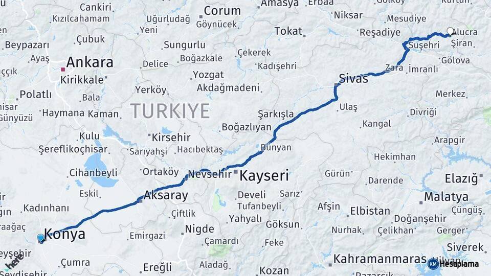 Konya Alucra Giresun Arası Kaç Km - Yol Haritası