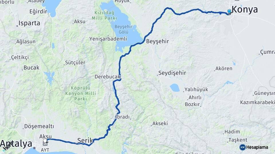 Konya Antalya Havalimanı Arası Kaç Km - Yol Haritası