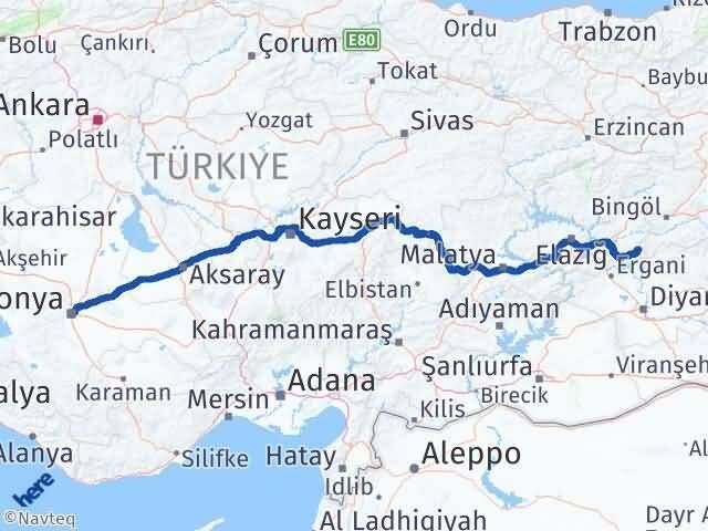 Konya Arıcak Elazığ Arası Kaç Km - Yol Haritası