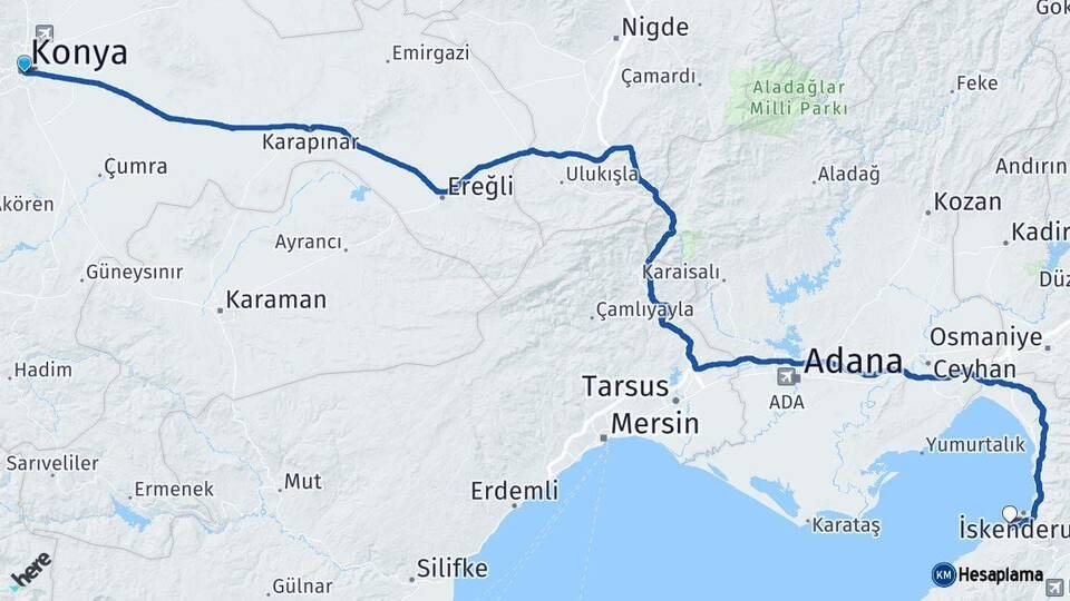 Konya Arsuz Hatay Arası Kaç Km - Yol Haritası