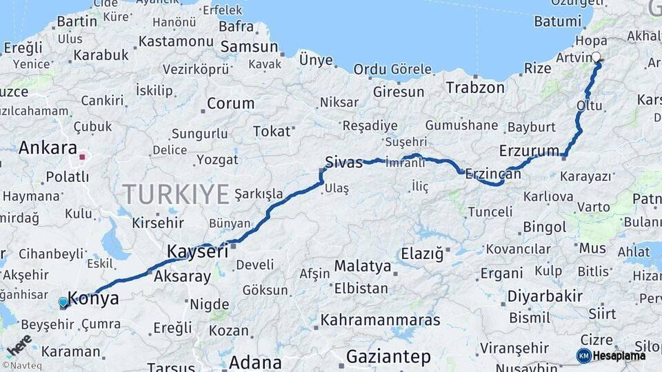 Konya Artvin Arası Kaç Km - Yol Haritası