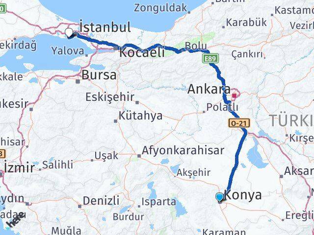 Konya Atatürk Havalimanı Arası Kaç Km - Yol Haritası