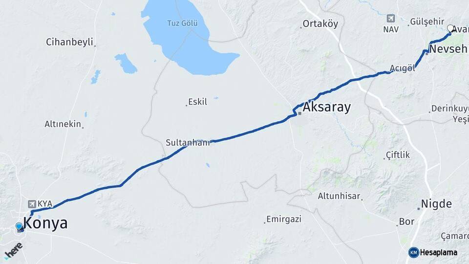 Konya Avanos Nevşehir Arası Kaç Km - Yol Haritası