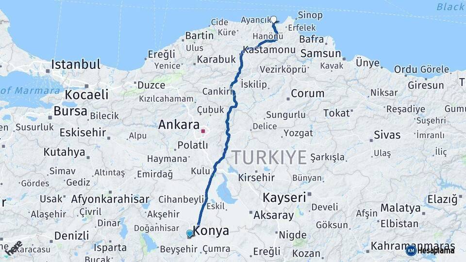 Konya Ayancık Sinop Arası Kaç Km - Yol Haritası