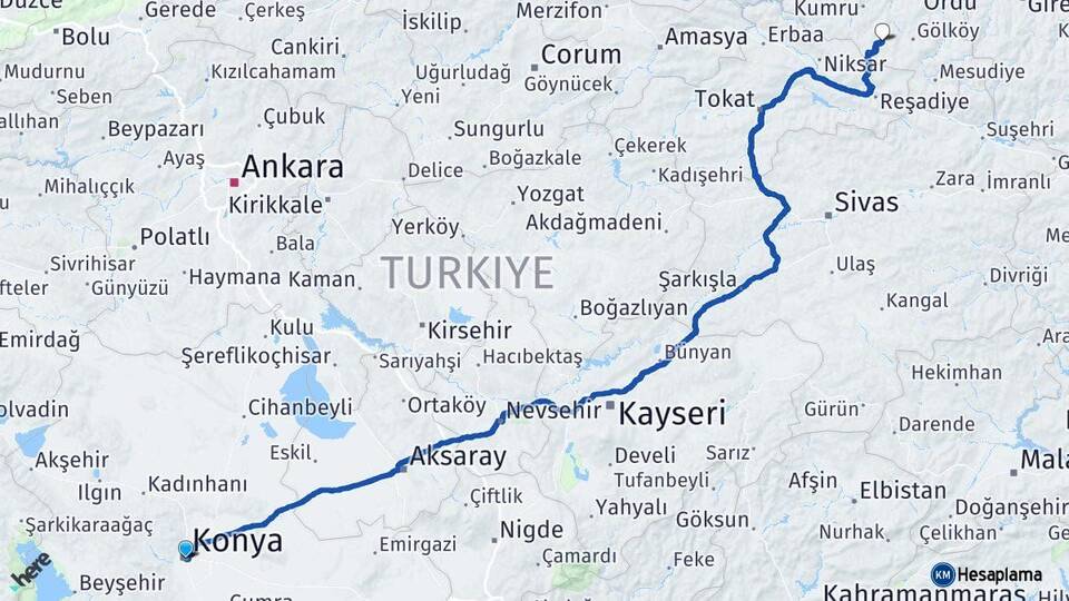 Konya Aybastı Ordu Arası Kaç Km - Yol Haritası