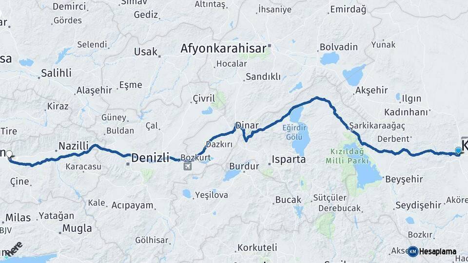 Konya Aydın Arası Kaç Km - Yol Haritası