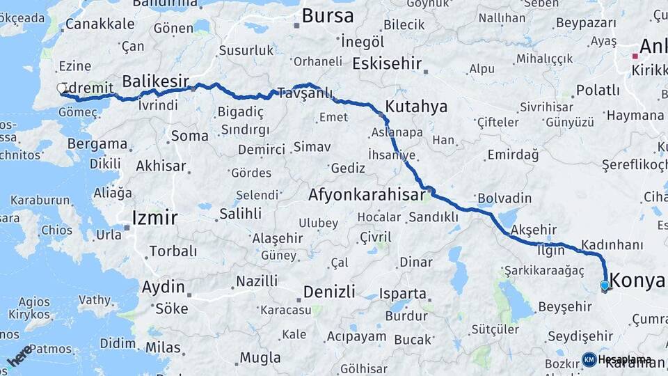 Konya Ayvacık Çanakkale Arası Kaç Km - Yol Haritası