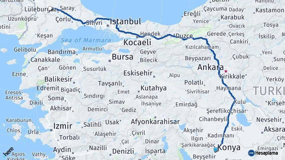 Konya Babaeski Kırklareli Arası Kaç Km - Yol Haritası
