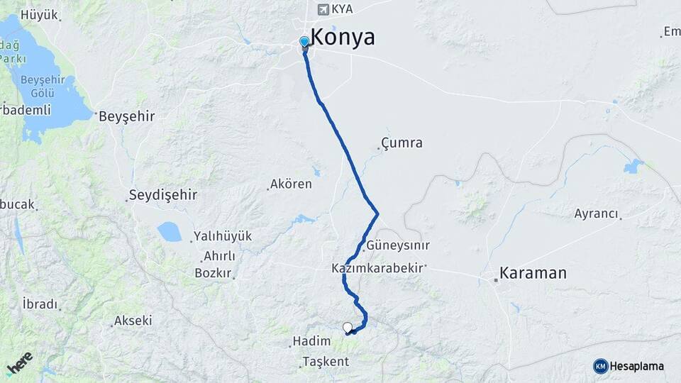 Konya Bademli Hadim Arası Kaç Km - Yol Haritası