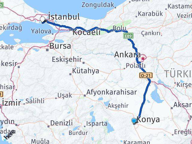 Konya Bahçelievler İstanbul Arası Kaç Km - Yol Haritası