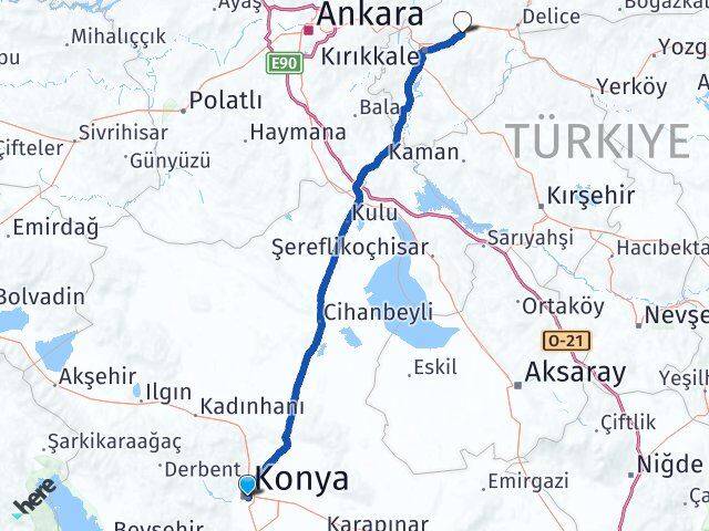 Konya Balışeyh Kırıkkale Arası Kaç Km - Yol Haritası