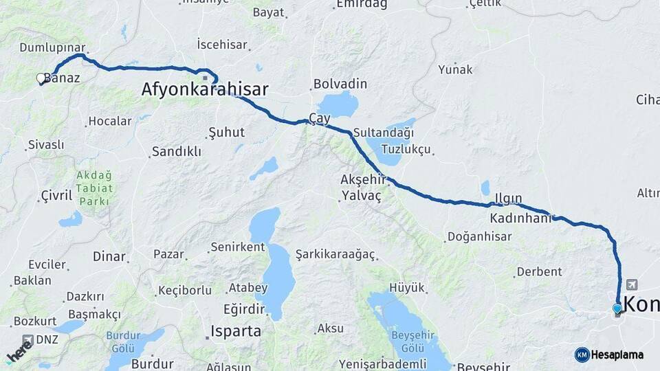 Konya Banaz Uşak Arası Kaç Km - Yol Haritası