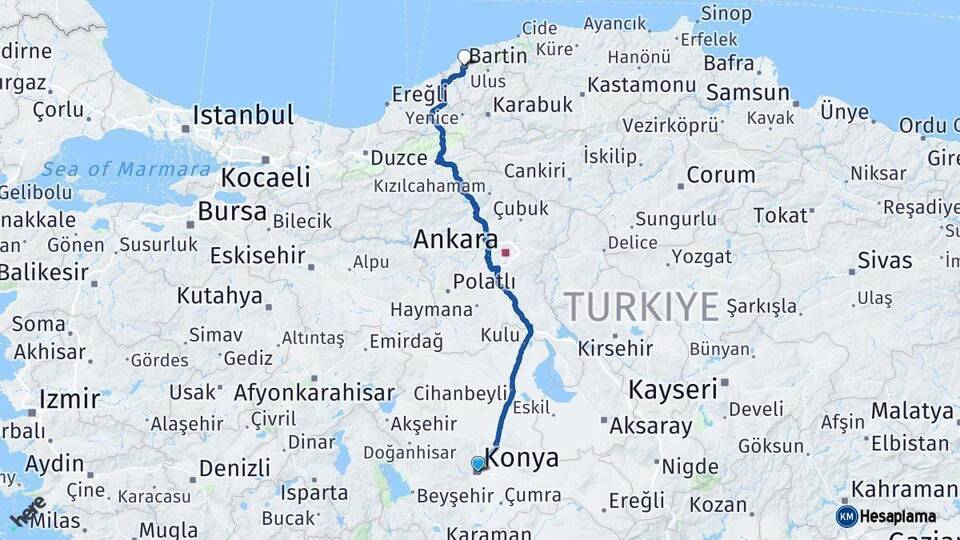 Konya Bartın Arası Kaç Km - Yol Haritası