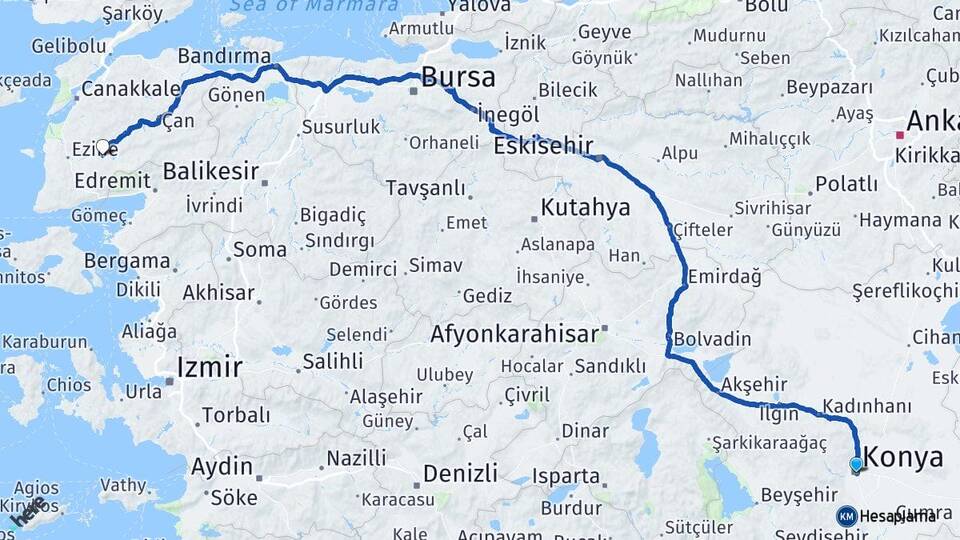 Konya Bayramiç Çanakkale Arası Kaç Km - Yol Haritası