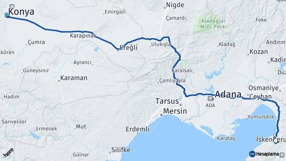 Konya Belen Hatay Arası Kaç Km - Yol Haritası