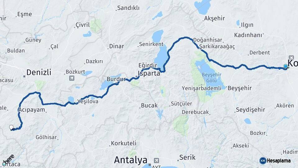Konya Beyağaç Denizli Arası Kaç Km - Yol Haritası