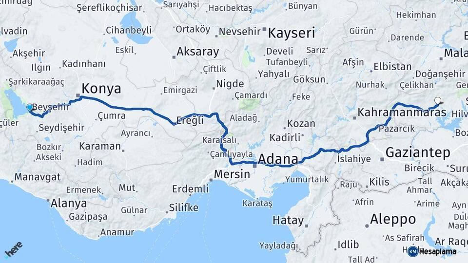 Konya Beyşehir Adıyaman Arası Kaç Km - Yol Haritası