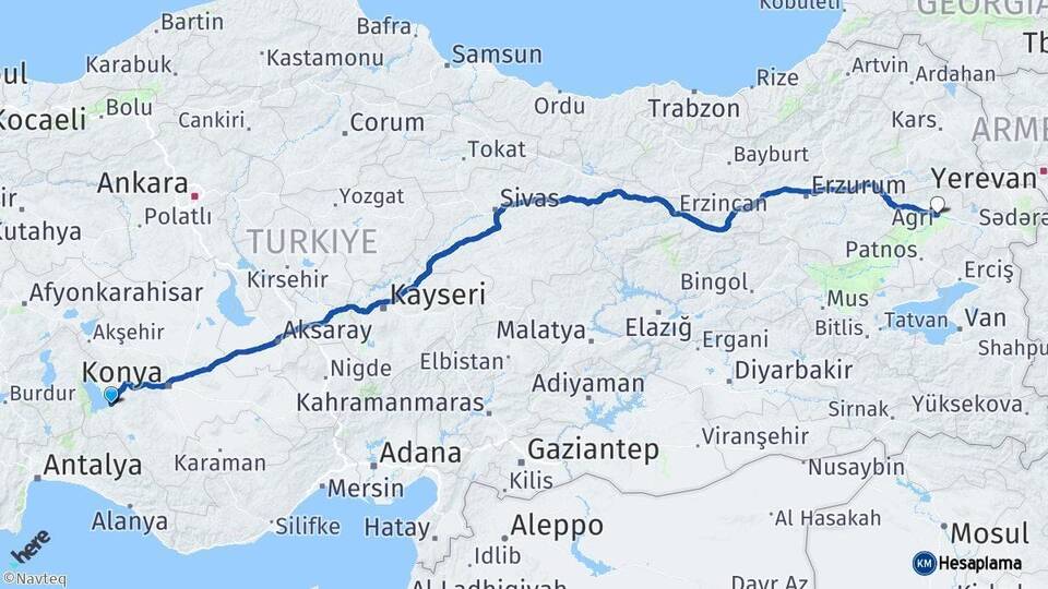 Konya Beyşehir Ağrı Arası Kaç Km - Yol Haritası