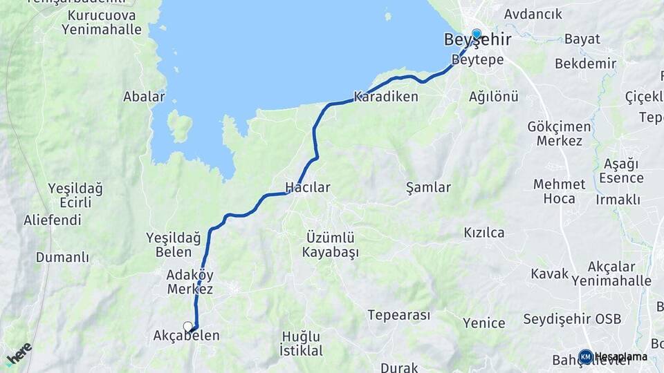 Konya Beyşehir Akçabelen Beyşehir Arası Kaç Km - Yol Haritası