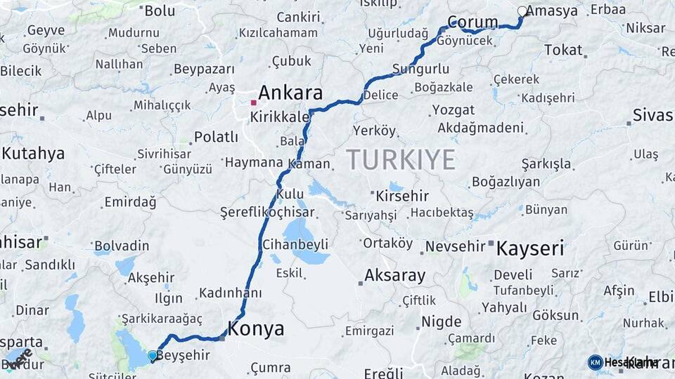 Konya Beyşehir Amasya Arası Kaç Km - Yol Haritası