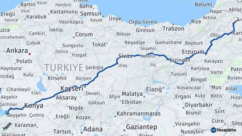 Konya Beyşehir Ardahan Arası Kaç Km - Yol Haritası