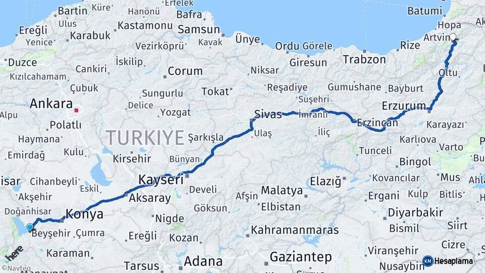 Konya Beyşehir Artvin Arası Kaç Km - Yol Haritası