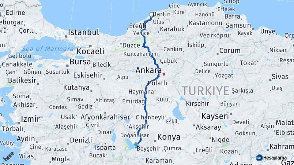 Konya Beyşehir Bartın Arası Kaç Km - Yol Haritası