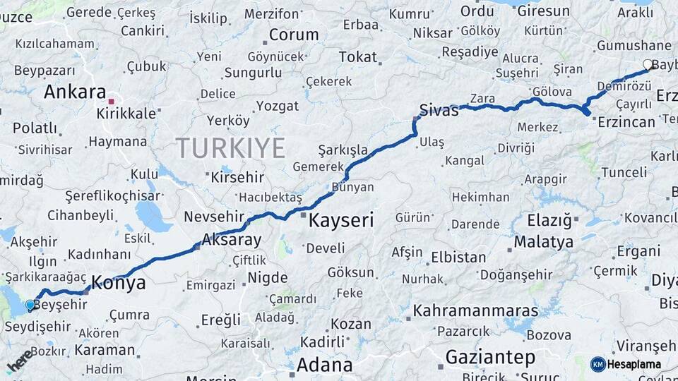 Konya Beyşehir Bayburt Arası Kaç Km - Yol Haritası
