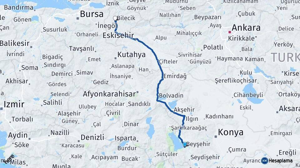 Konya Beyşehir Bilecik Arası Kaç Km - Yol Haritası