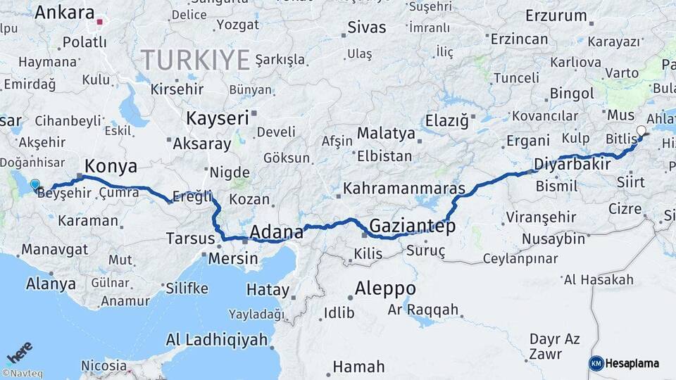 Konya Beyşehir Bitlis Arası Kaç Km - Yol Haritası