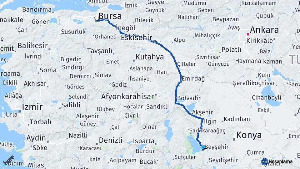 Konya Beyşehir Bursa Arası Kaç Km - Yol Haritası