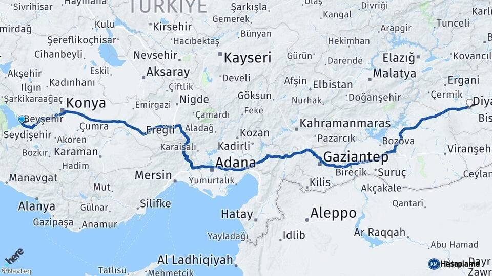 Konya Beyşehir Diyarbakır Arası Kaç Km - Yol Haritası