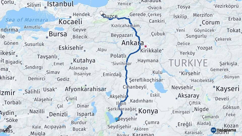 Konya Beyşehir Düzce Arası Kaç Km - Yol Haritası